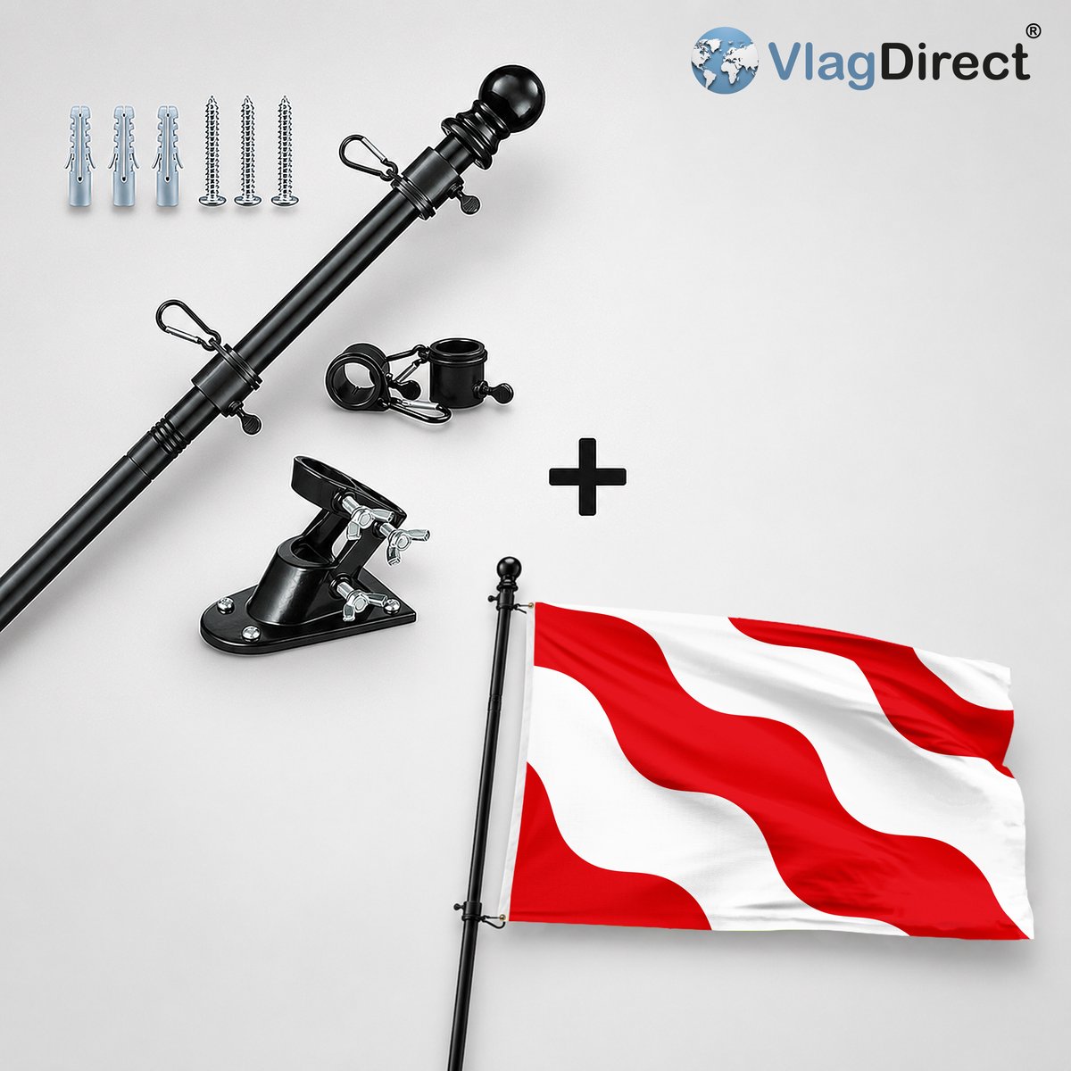VlagDirect - Compleet vlaggenpakket - Zwarte vlaggenstok inclusief vlaggenstokhouder + Gemeente Antoing vlag - 90 x 150 cm.