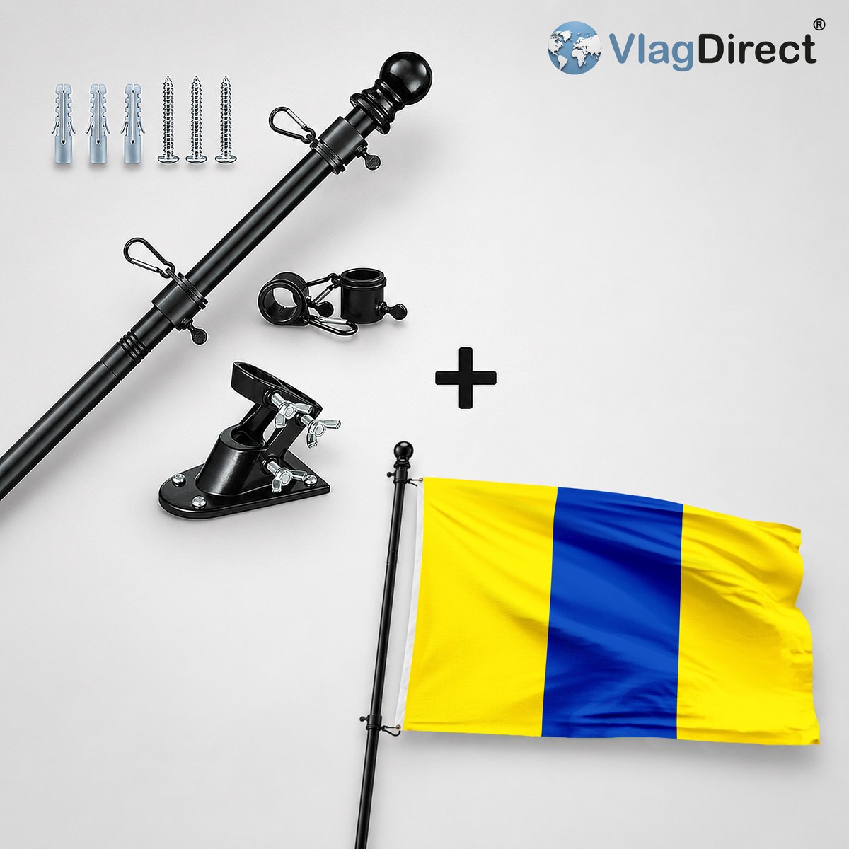VlagDirect - Compleet vlaggenpakket - Zwarte vlaggenstok inclusief vlaggenstokhouder + Gemeente Dour vlag - 90 x 150 cm.