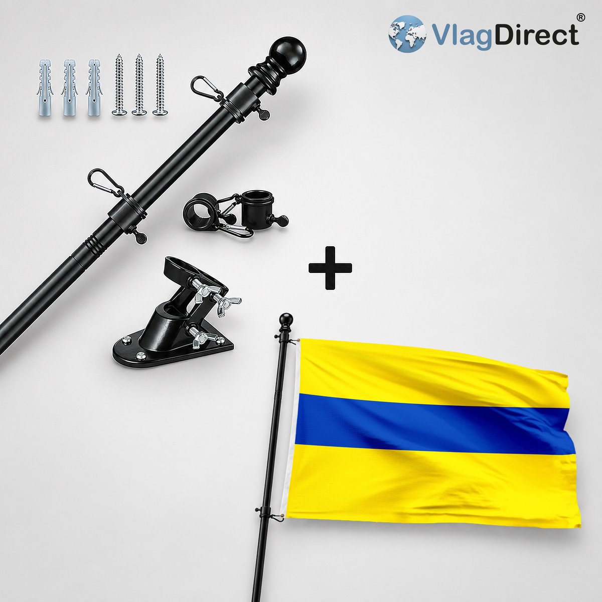 VlagDirect - Compleet vlaggenpakket - Zwarte vlaggenstok inclusief vlaggenstokhouder + Gemeente Ottignies-Louvain-la-Neuve vlag - 90 x 150 cm.