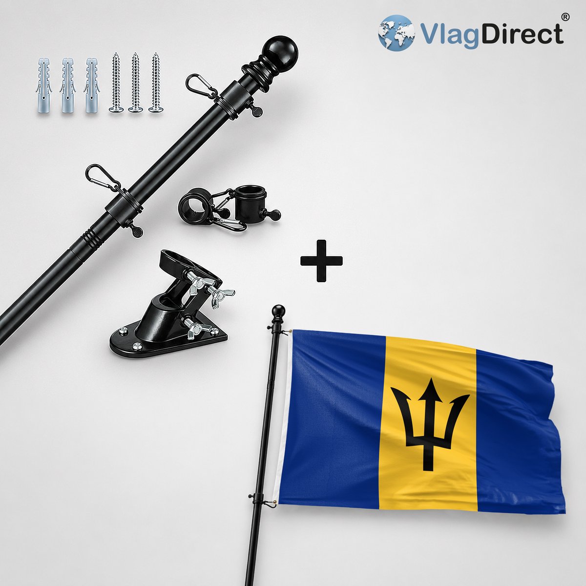 VlagDirect - Compleet vlaggenpakket - Zwarte vlaggenstok inclusief vlaggenstokhouder + Barbadiaanse vlag - Barbados vlag - 90 x 150 cm.