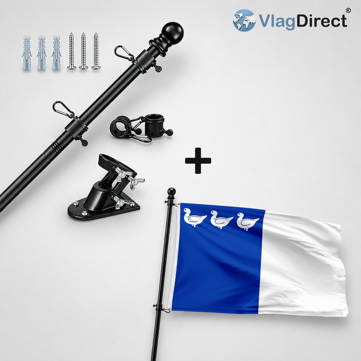 VlagDirect - Compleet vlaggenpakket - Zwarte vlaggenstok inclusief vlaggenstokhouder + Gemeente Thuin vlag - 90 x 150 cm.