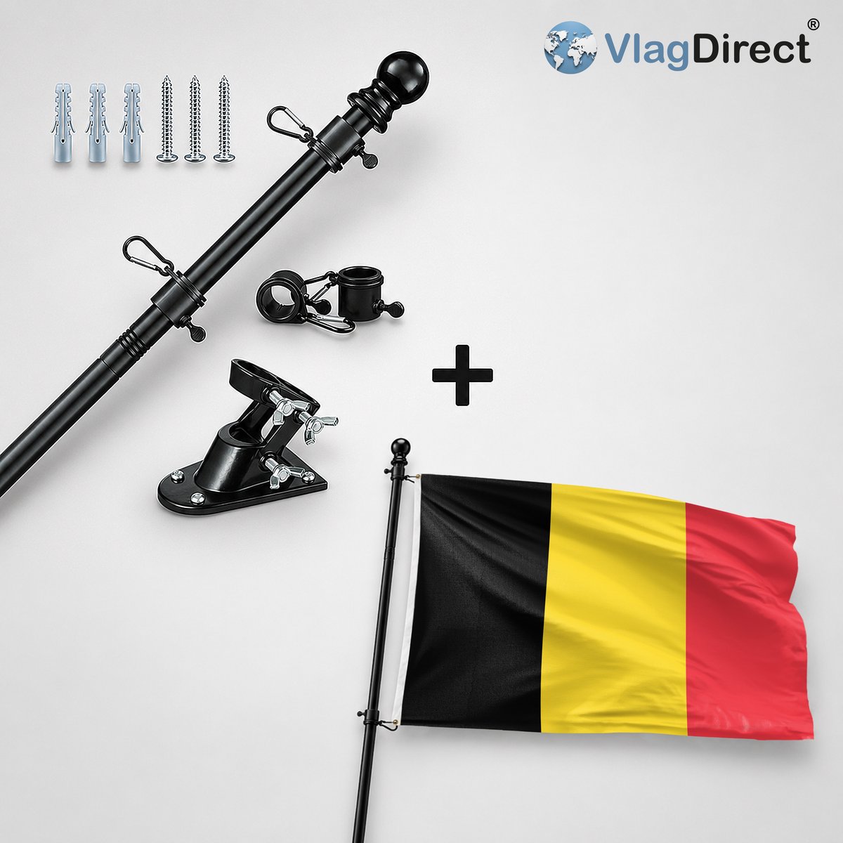 VlagDirect - Compleet vlaggenpakket - Zwarte vlaggenstok inclusief vlaggenstokhouder + Belgische vlag - België vlag - 90 x 150 cm.