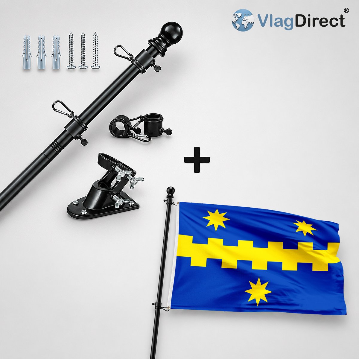 VlagDirect - Compleet vlaggenpakket - Zwarte vlaggenstok inclusief vlaggenstokhouder + Gemeente Beerse vlag - 90 x 150 cm.