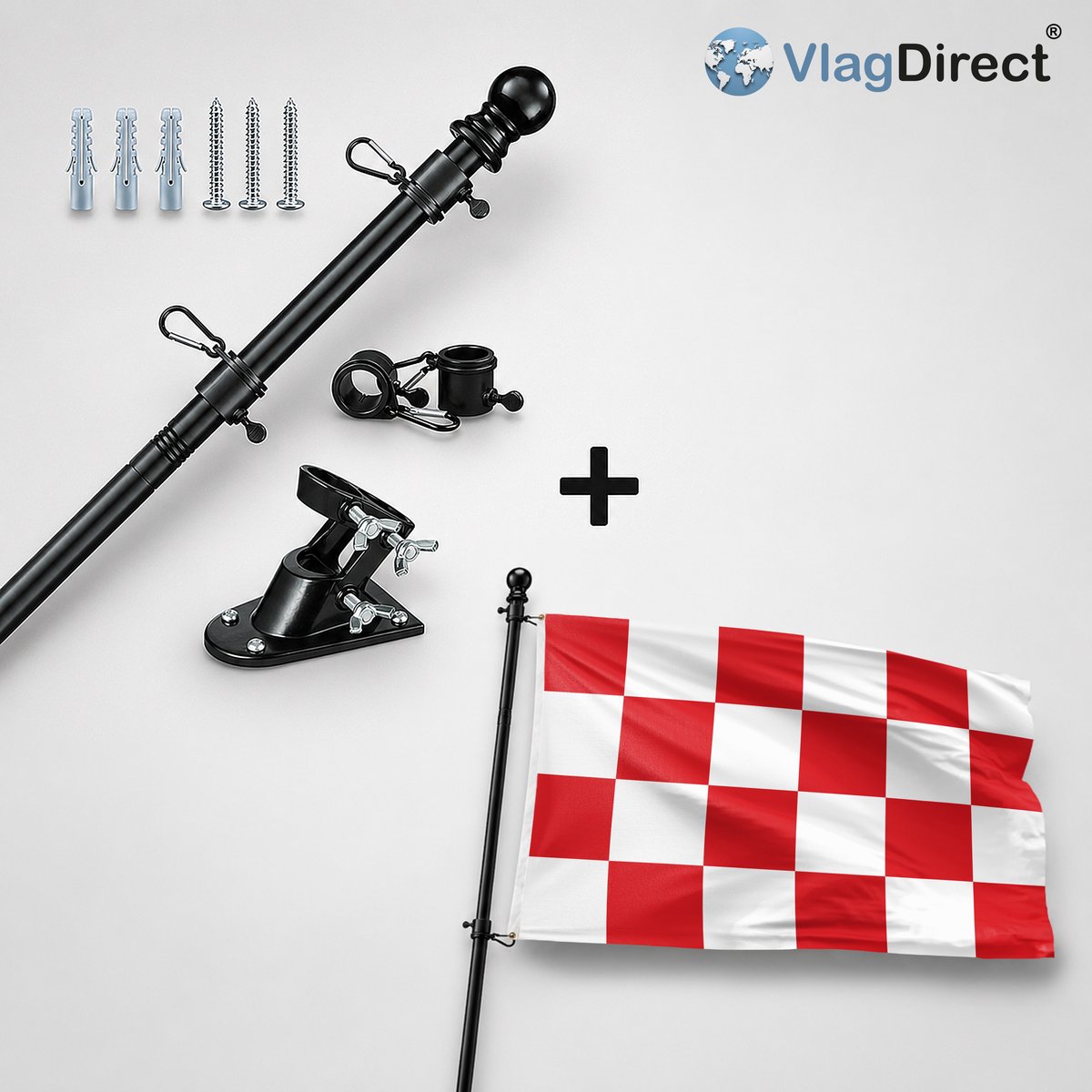 VlagDirect - Compleet vlaggenpakket - Zwarte vlaggenstok inclusief vlaggenstokhouder + Brabantse vlag - Brabant vlag - Noord-Brabant vlag - 90 x 150 cm.