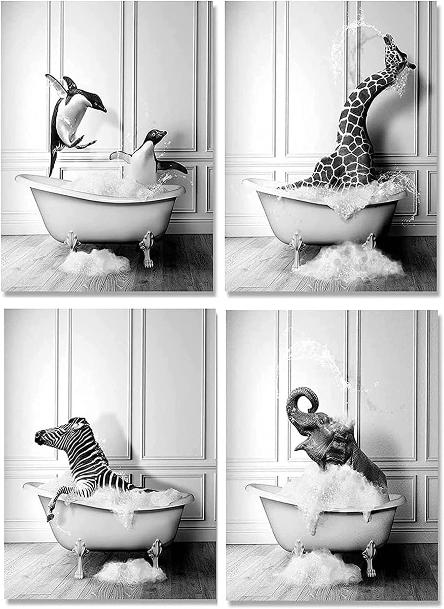 Animal Black and White Wall Art Prints Canvas Bathroom Pictures Set Funny Elephant Zebra Penguins Giraffe Animal in - ShopVlot