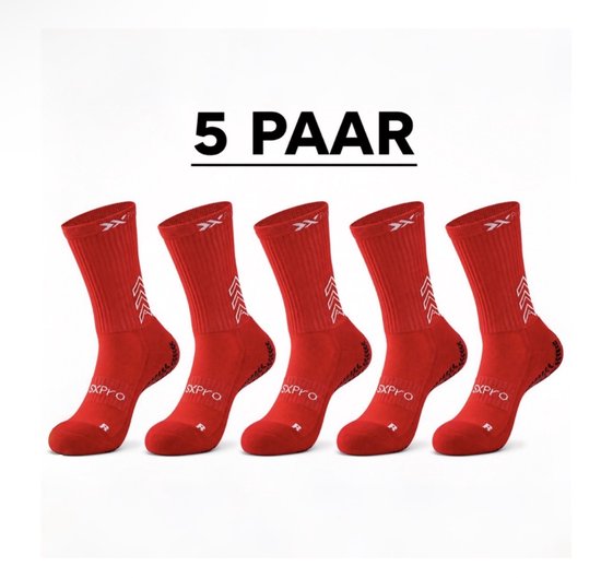 Vijf paar rode sportsokken met witte accenten en antislip grip op de zool.