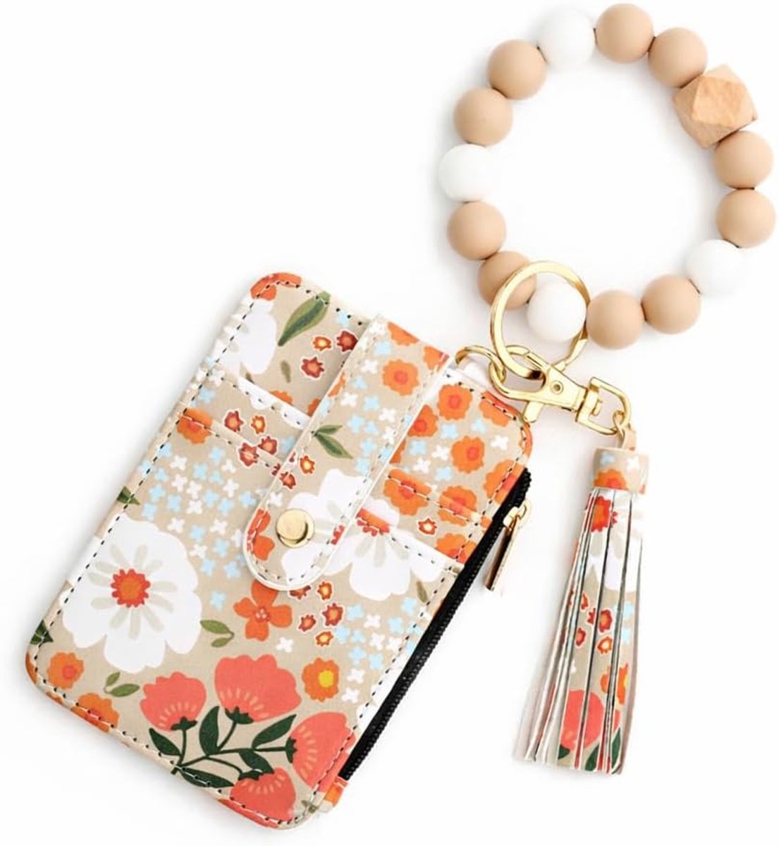 Mini portemonnee met bloemenprint - PU leer - met rits en sleutelhanger - stijlvol en praktisch - ShopVlot