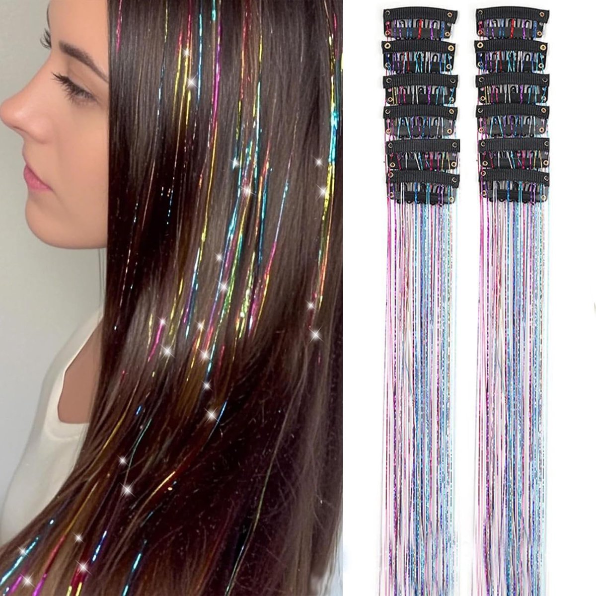 Solidchoice - Haar Tinsel Clip In Set van 12 Kleurige Glitter Strengen