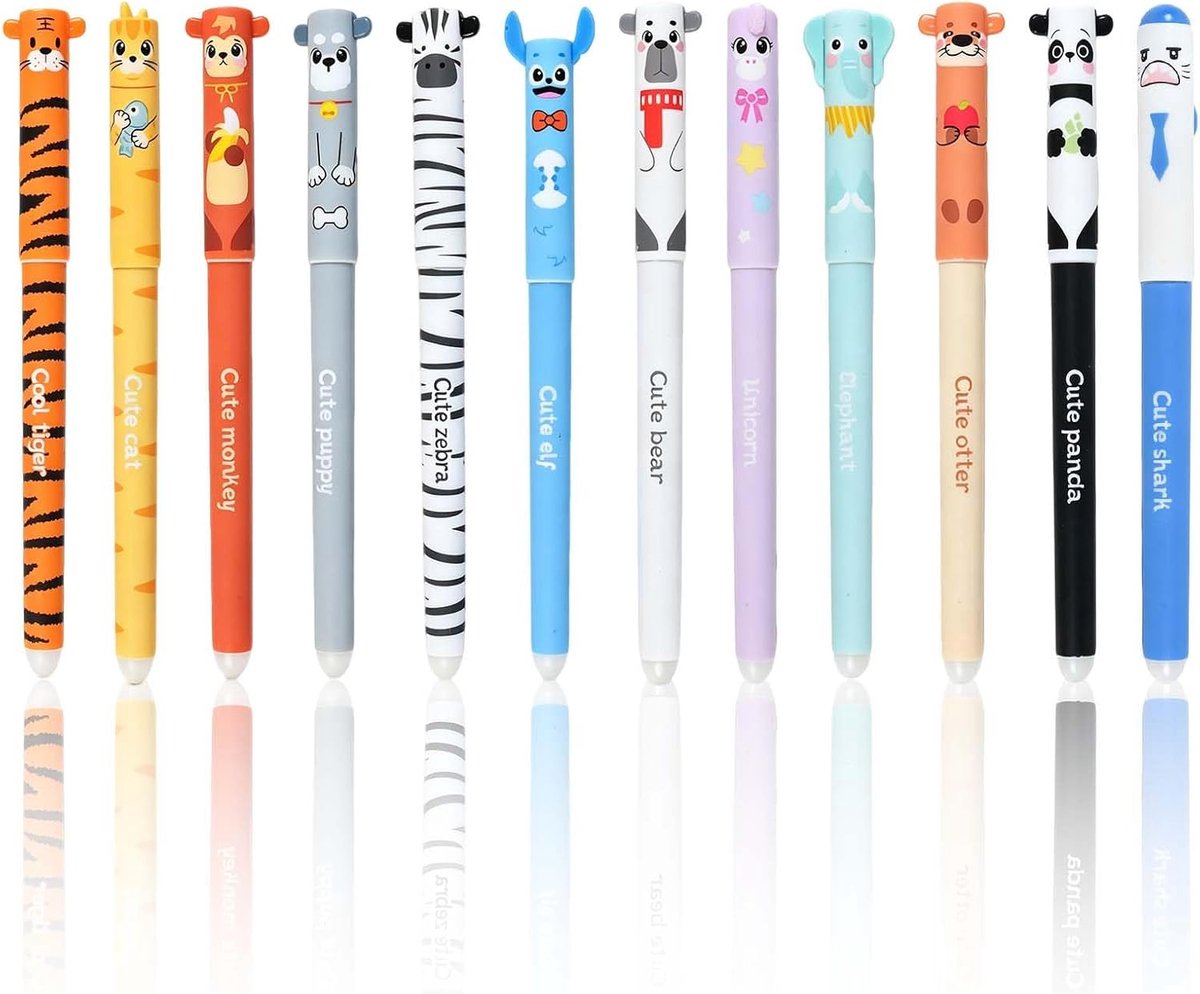 Uitwisbare gelpennen 12 stuks - 0,7 mm zwart - schattige dierenmotieven - perfect voor creatief schrijven - ShopVlot