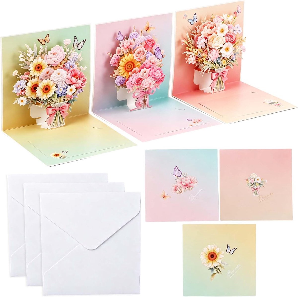 3D pop-up kaart bloemenboeket 15x15cm - set van 3 kaarten - lasercut 250g - verrassing voor moederdag - ShopVlot