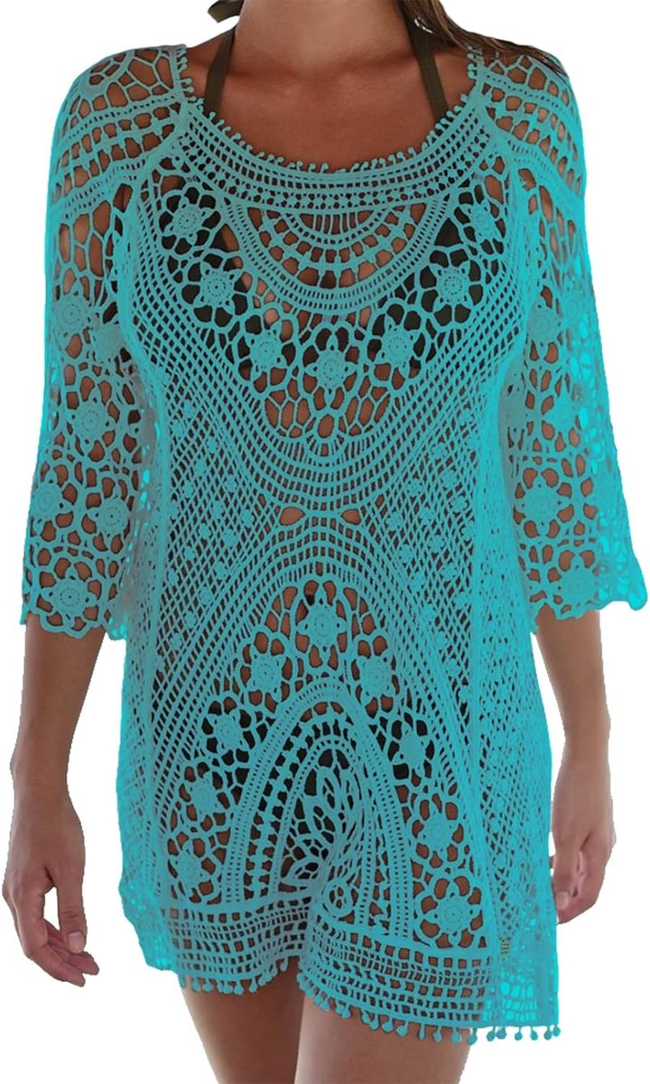 Zomerstrandmode cover-up - turquoise - haakwerk - ideaal voor stranddagen - ShopVlot