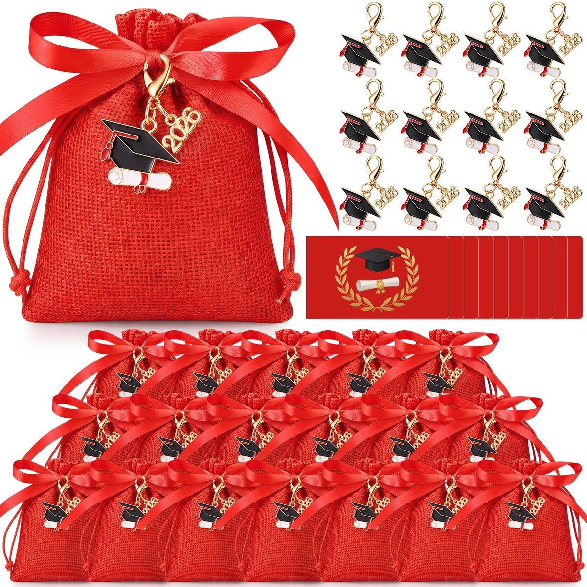 Solidchoice - Set van 50 Afstudeercadeautjes met Sleutelhangers en Rode Tasjes