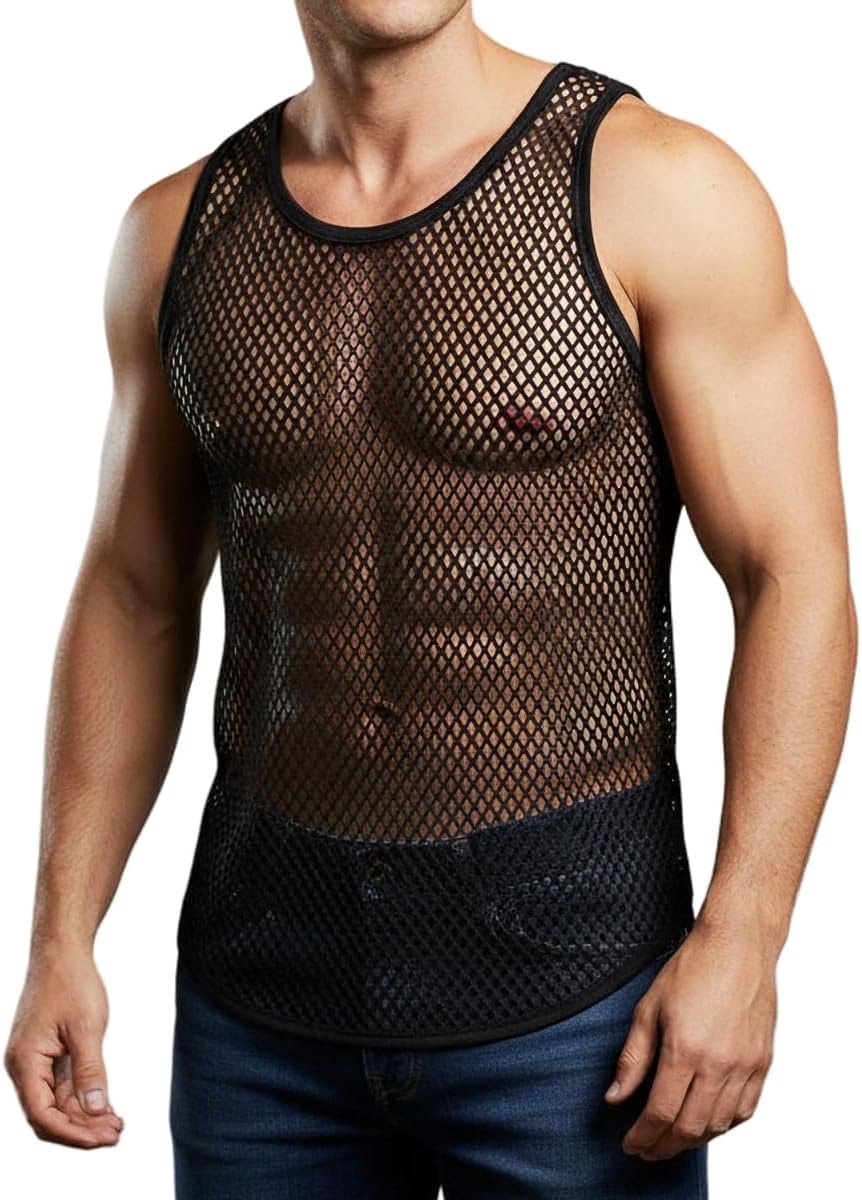 Heren mesh tanktop L - gedeeltelijk transparant - brede bandjes - comfortabele pasvorm - ShopVlot