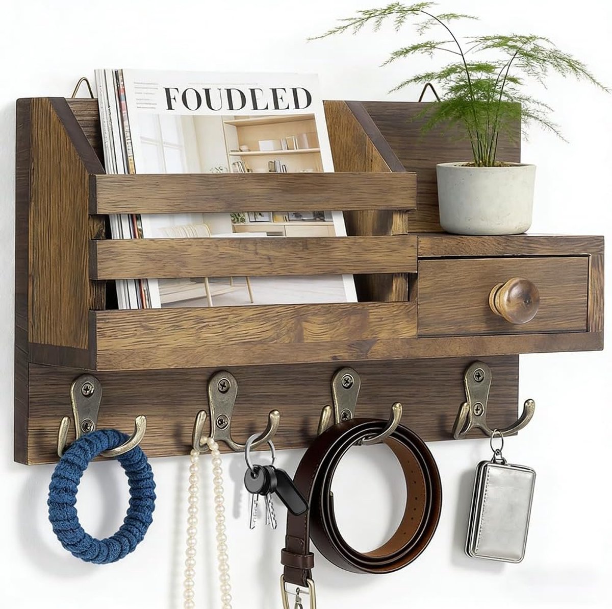 Houten sleutelhouder met plank - decoratief sleutelrek - 4 dubbele haken - multifunctionele wandsleutelhouder - ShopVlot