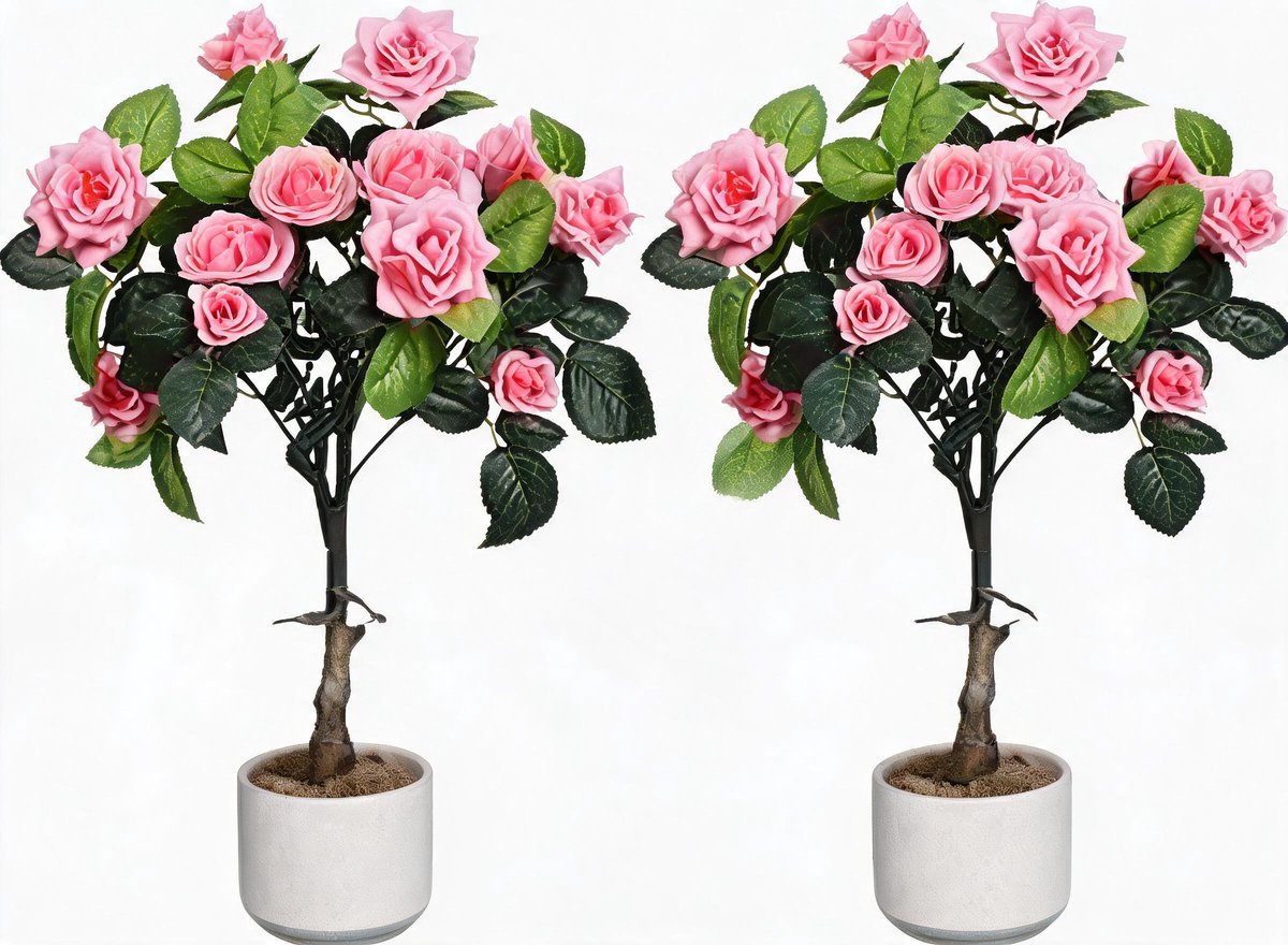 HOERFURIY - compacte kunstrozenstruik - set 2 stuks 75cm roze polyester met pot voor binnen balkon woonkamer