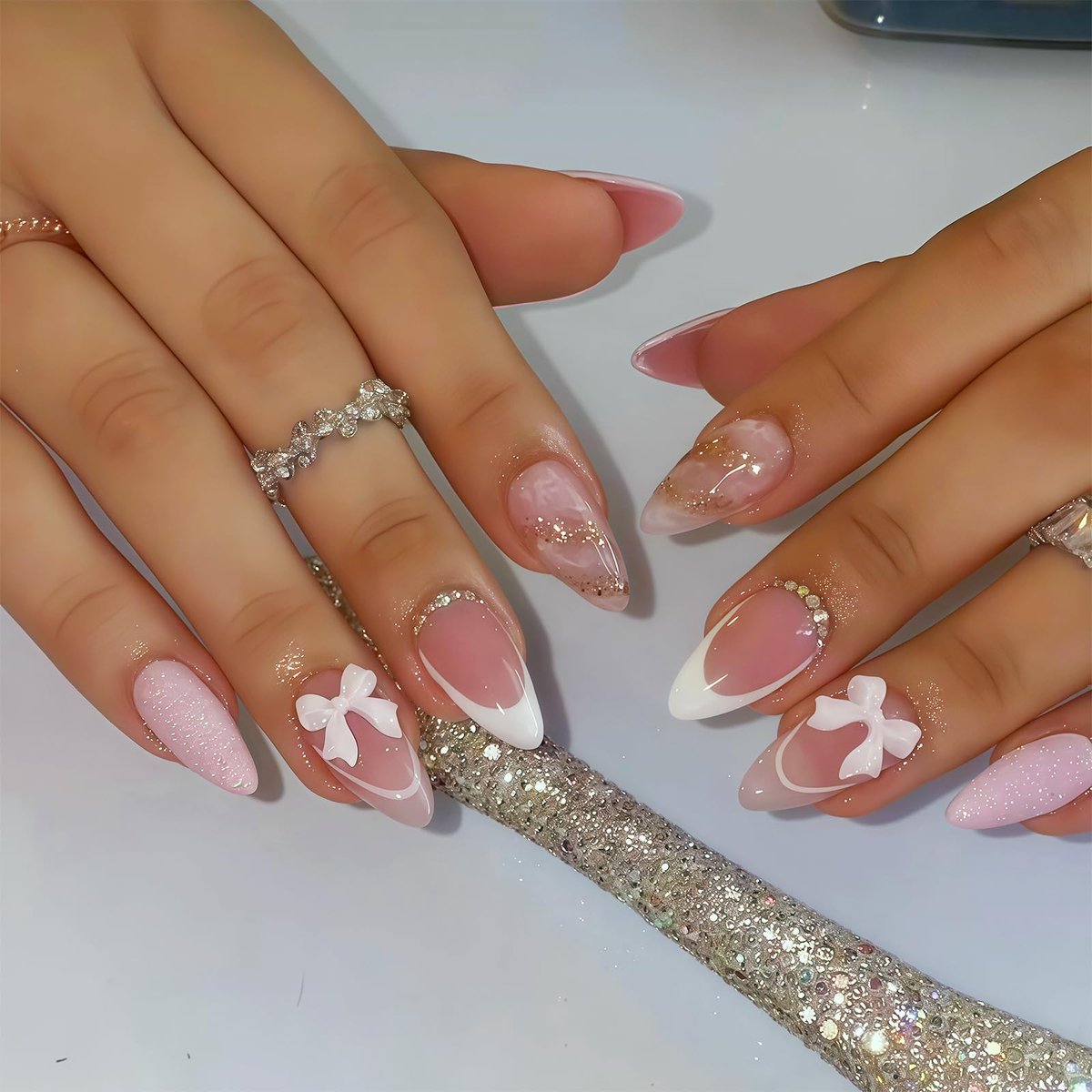 Solidchoice - 24 Stuks Kunstnagels met 3D Strik voor Feestjes