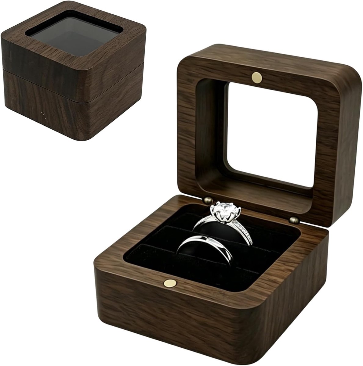 Ringdoos vierkant - walnoot met transparant kijkvenster - zwart fluweel - perfect voor bruiloften - ShopVlot