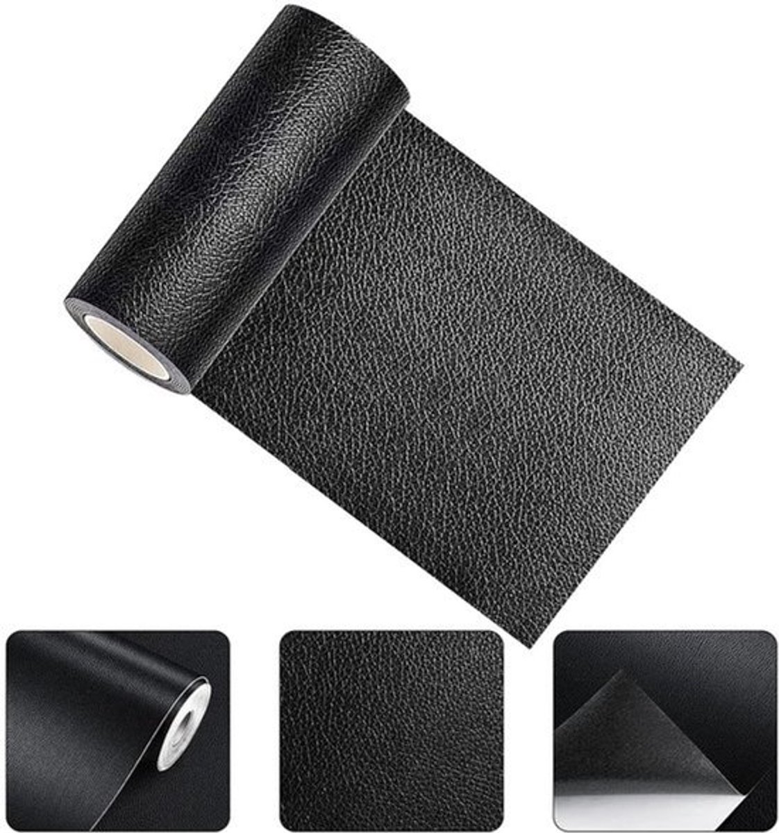 Zelfklevende kunstlederen reparatieset 20 x 150 cm - Zwart, voor leer reparaties aan banken, autostoelen, bureaustoelen en jassen.