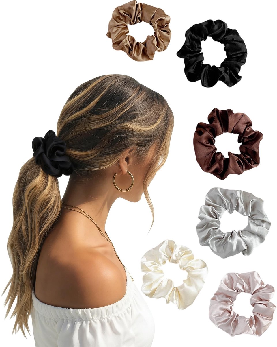 Solidchoice - Set van 6 Zachte Satijnen Scrunchies voor Haarstyling