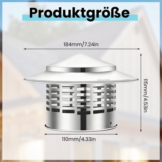 Roestvrijstalen schoorsteenkap met afmetingen: 184mm breed, 115mm hoog, 110mm diep.