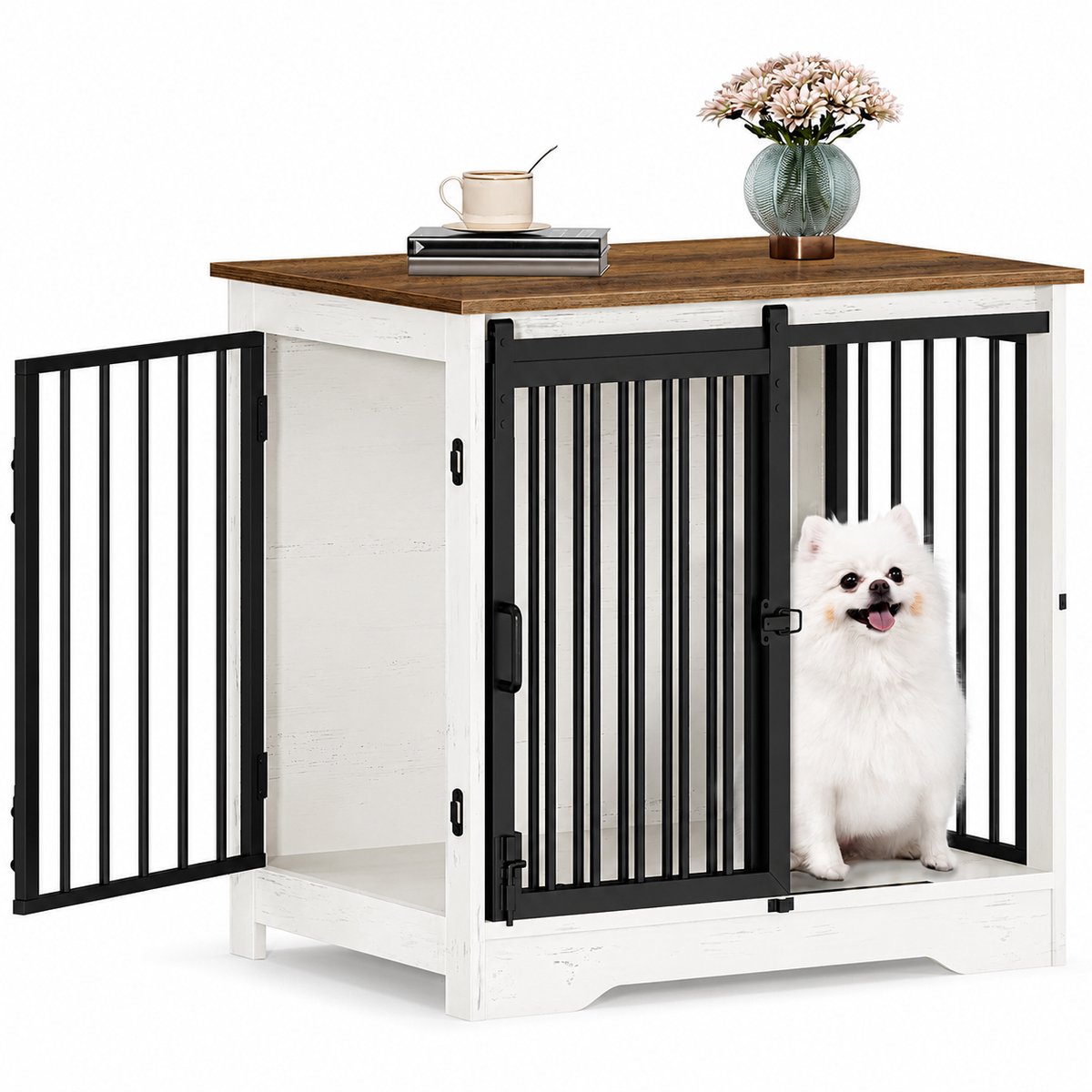 DPLUNIQ Hondenbench - Bijzettafel - Hondenhok - Bench - 2 Deuren met slot - 13,7kg - 49x69x64,5cm - Max 100kg - Zwart/Wit/Bruin