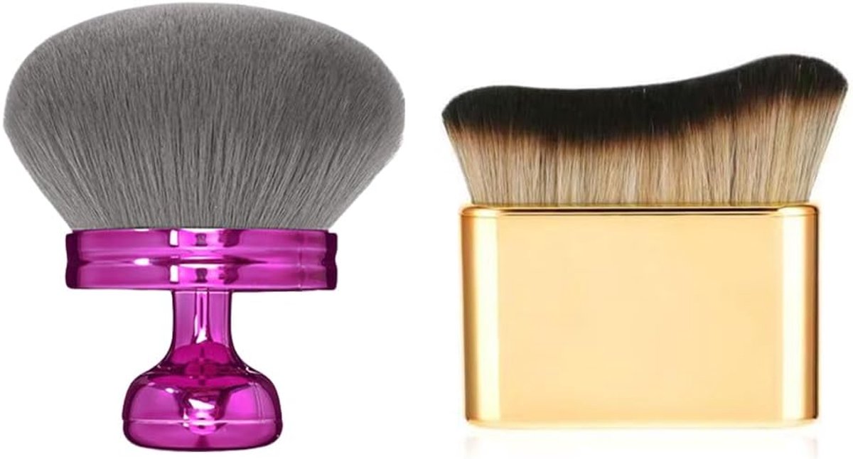 Make up kwasten set 2 stuks - Kabuki en body brush - Grijze vacht paars + goud - Voor gelijkmatige poeder toepassing - ShopVlot
