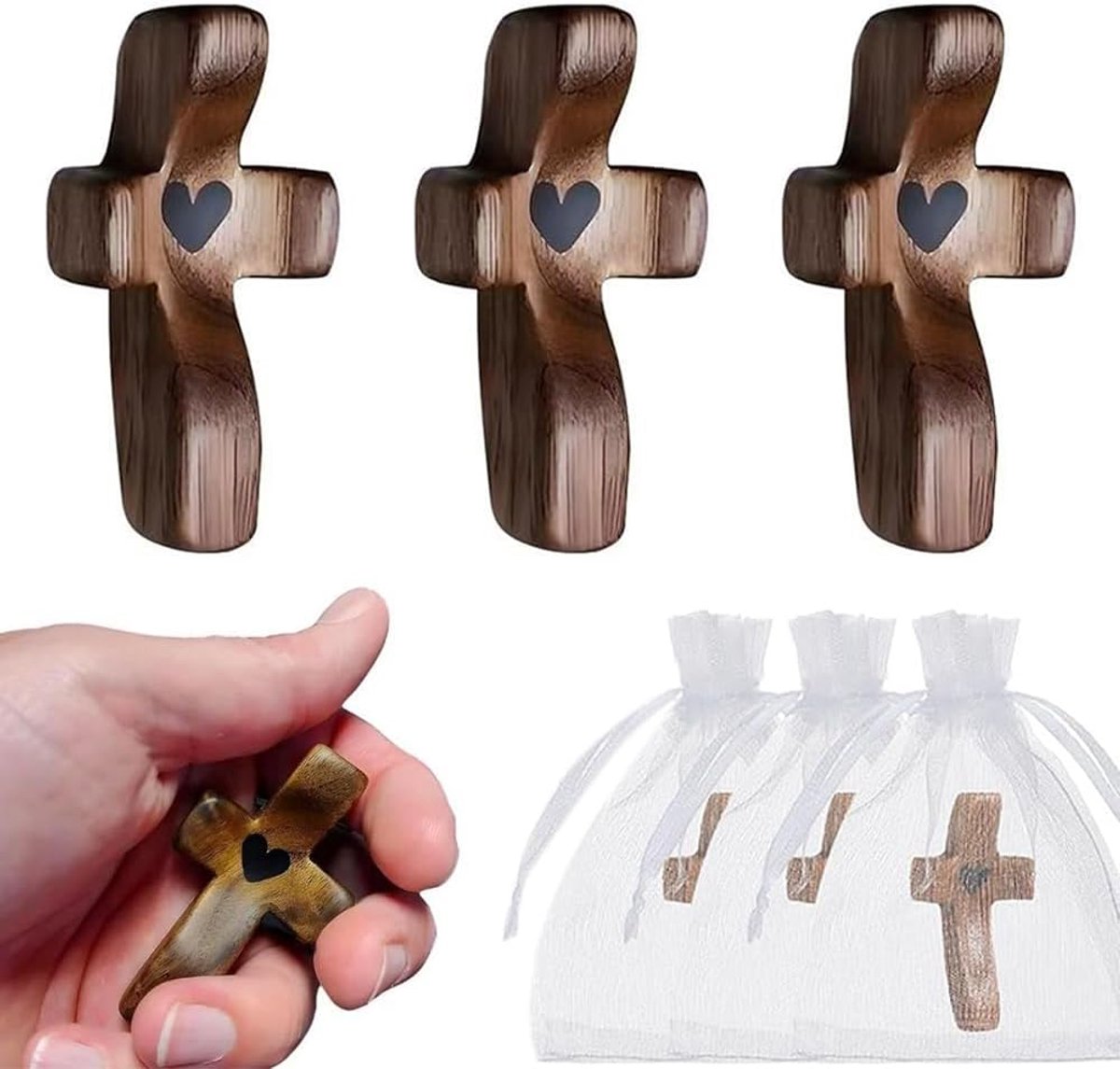 Duimkruis 3 Stuks - Zwarte Esdoorn - Handkruis voor Gebed - Troost en Meditatie - ShopVlot