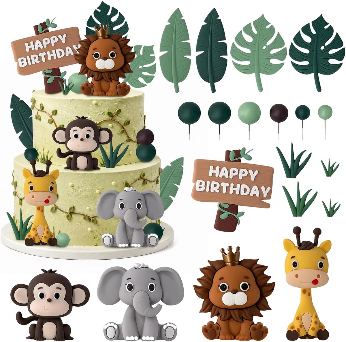 Taartdecoratie jungle - 19-delige set met dieren - kleurrijke figuren - perfect voor verjaardagsfeest - ShopVlot