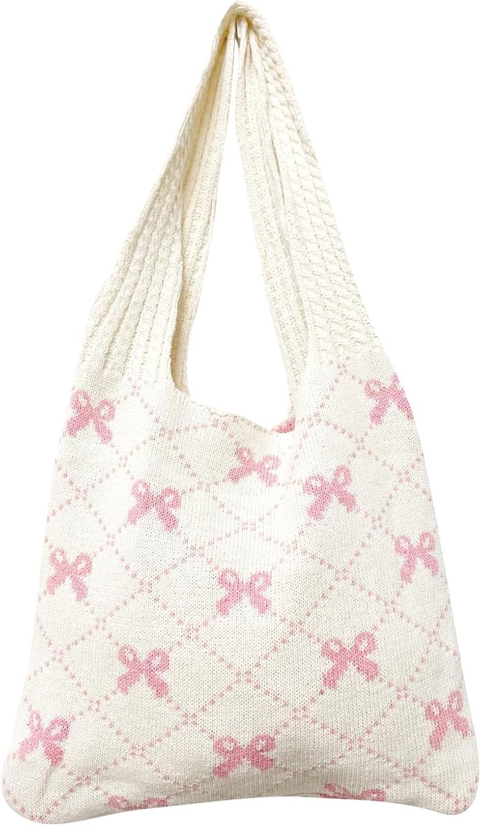 Gehaakte schoudertas groot - mesh strandtas - roze strik - ideaal voor picknick - ShopVlot