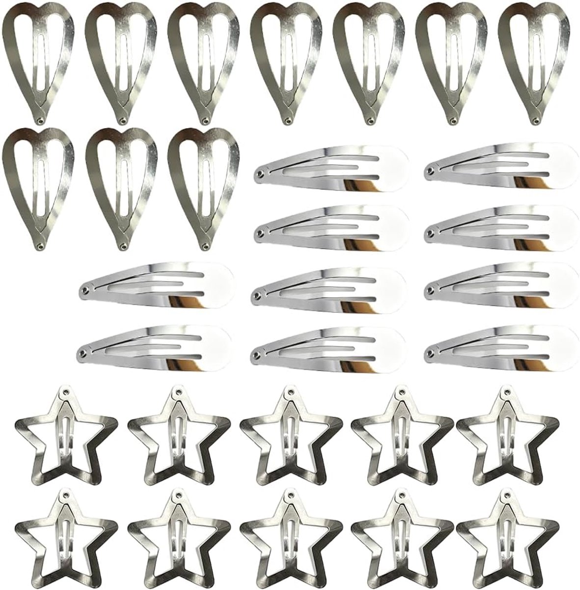 Haarklemmen set 30 stuks - Sterren, waterdruppels en harten - Zilver - Voor veelzijdige haarstijlen - ShopVlot