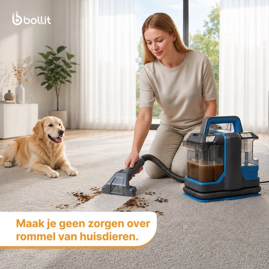Een vrouw met een reinigingsmachine verwijdert hondenvlekken van een grijs tapijt, met een Golden Retriever ernaast.