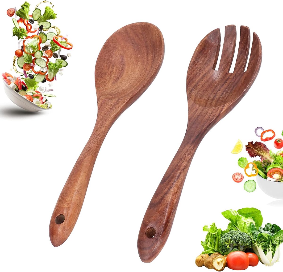 Saladebestek 2-delig - houten serveerlepel en vork - comfortabel handvat - veilig voor kookgerei - ShopVlot