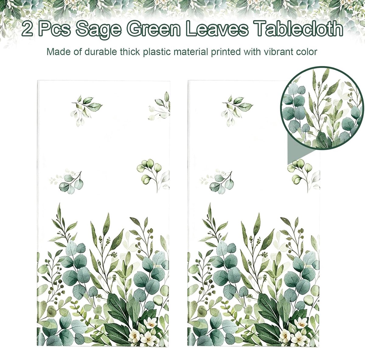 2 Saliegroene Tafelkleden met Bladeren, Saliegroene Feesttafelkleden, 137 * 274cm, Rechthoekig, Waterdicht, voor - ShopVlot