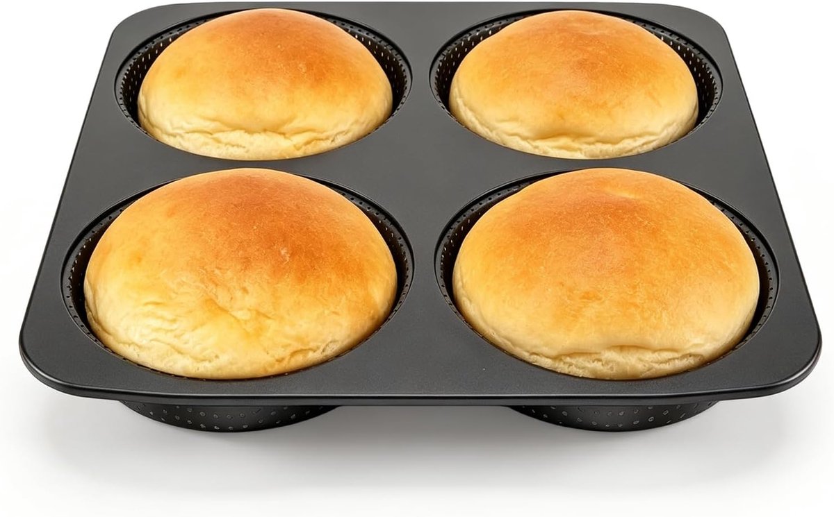 Burger broodvorm, 28 cm, geperforeerd, koolstofstaal, anti-aanbaklaag, bakplaat voor 4 hamburgers, broodbakvorm met - ShopVlot