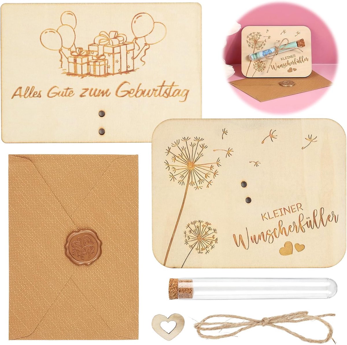 Twee geschenken: houten wenskaart met paardenbloem en verjaardag, creatieve set met glazen buis, retro kraft envelop - ShopVlot
