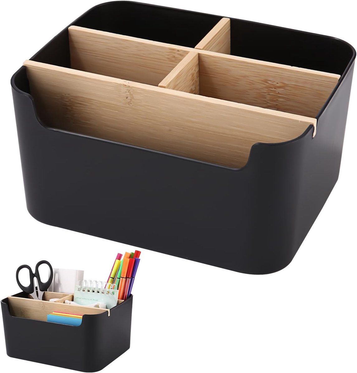 Bamboo Desk Organiser, 5 Compartments, Pen Holder, Wooden Desk Pen Organiser, Bamboo Table Organiser for Cosmetics - ShopVlot