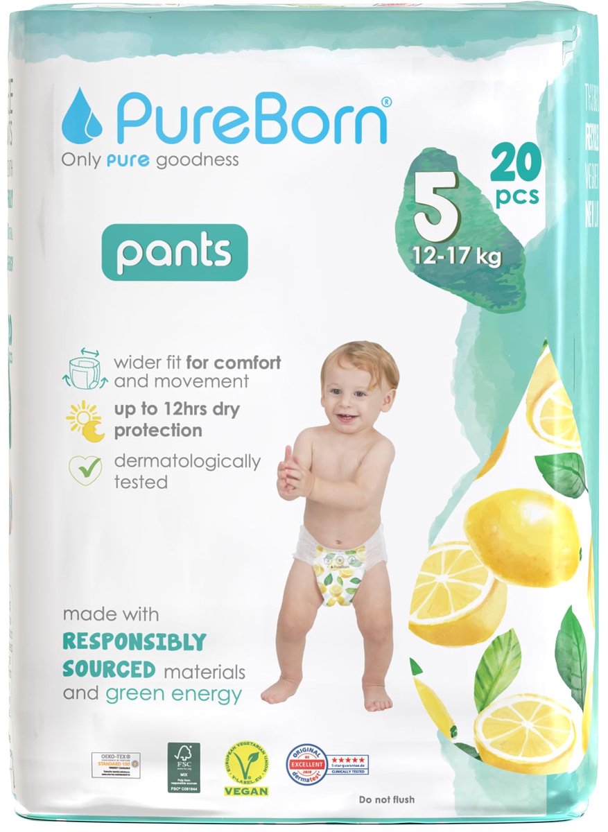 PureBorn Baby Pants Luierbroekjes, Maat 5 (12-17 kg), 20 Luiers, Optimale Bescherming Overdag en 's Nachts - ShopVlot