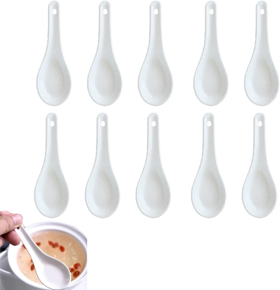10 Pieces Porcelain Egg Spoon, Ceramic Spoon Long, Mocha Spoon, White Soup Ladle, Suitable for Restaurants and - ShopVlot