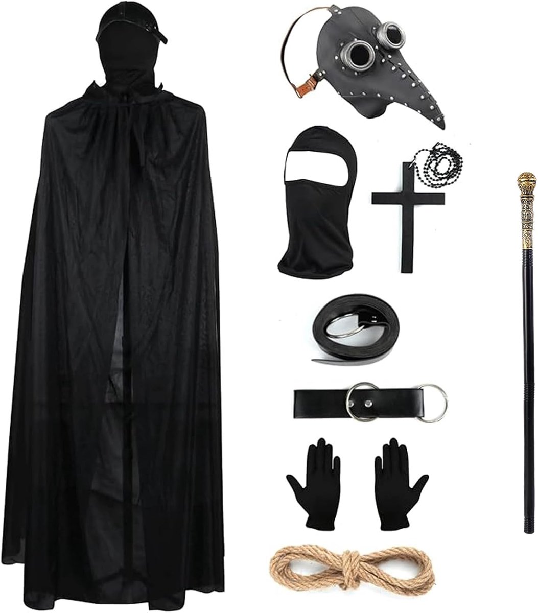 Halloween Props Costume Set, Retro Leather Bird Mask Gothic Plague Doctors Mask with Full Face Mask Reed Black Hooded - ShopVlot