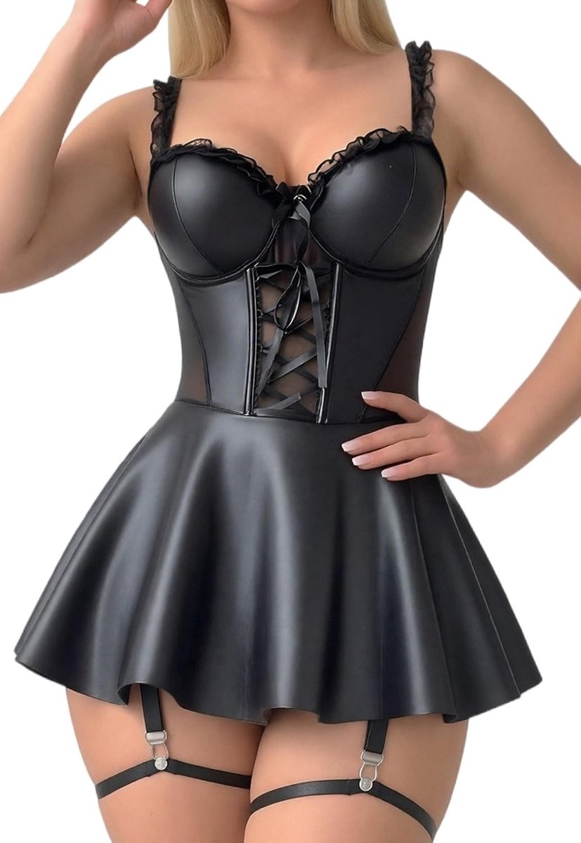 FEOYA Women's sexy leather dress, wet look, patent leather, mini dress, clubwear, party dress, A-line, women's - ShopVlot