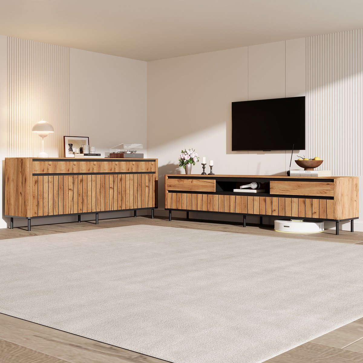 DESMIU Kast - Tv Meubel En Dressoir Set Van 2 - Natuurlijk Hout Met Zwarte Accenten Voor Woonkamer - MDF En Metaal - 180x40x52 Cm En 160x40x73 Cm