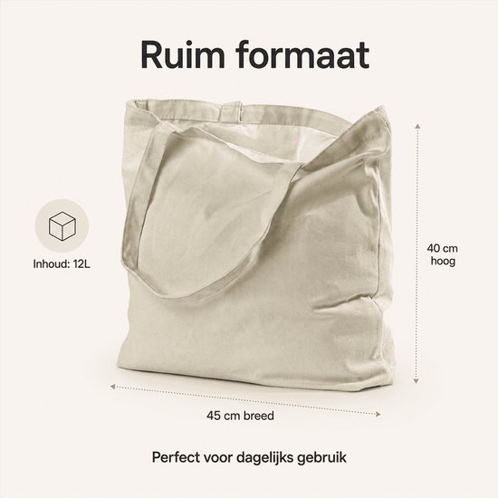 Licht beige canvas shopper van 45 cm breed en 40 cm hoog, 12L inhoud. Perfect voor dagelijks gebruik.