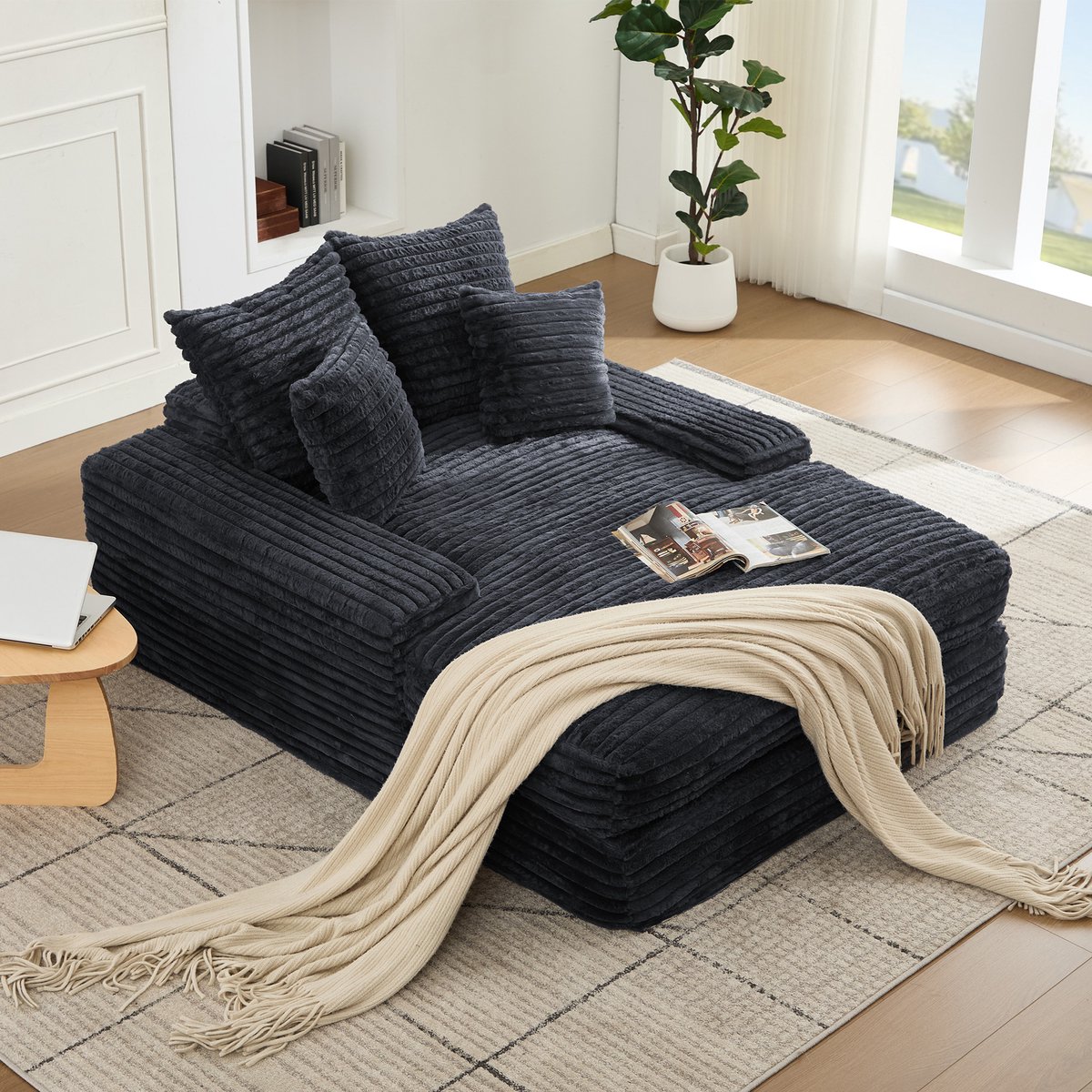 DESMIU Chaise Longue 135 x 165 x 58 Cm - Zonder Montage - Met 4 Kussens En Armleuningen - Voor Woonkamer En Lounge - Ribstof - Grijs