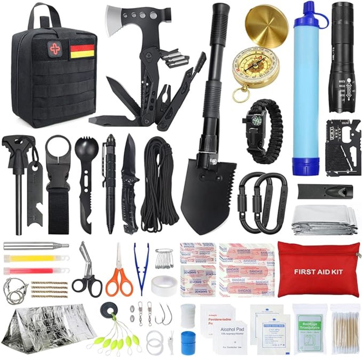 QUOVO® 28-in-1 Noodpakket Rampenrugzak – Noodpakket Oorlog – Survival Kit – Survivalsets – EHBO Kit Complete Set Met O.A: 5 Delige Hengelset, Mes, Vuurstarter, Bijl en Survival Armband - Zwart - 21cm x 19cm x 11cm