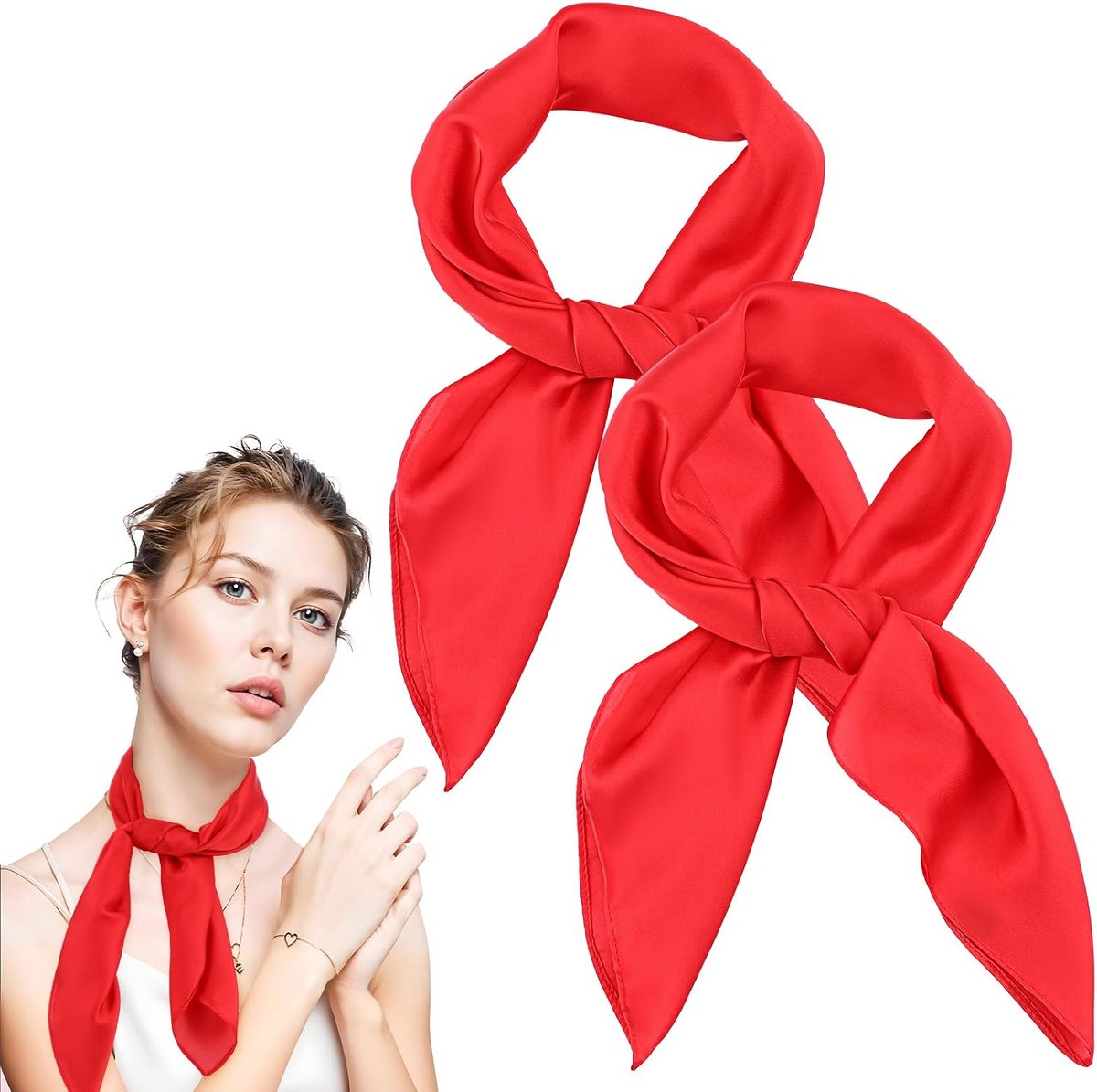 Red Scarf Bandana, 2 Pieces 27.5 Inch Square Red Neck Scarf Scarves Head Wrap Solid Chiffon Fashion Versatile Women - ShopVlot
