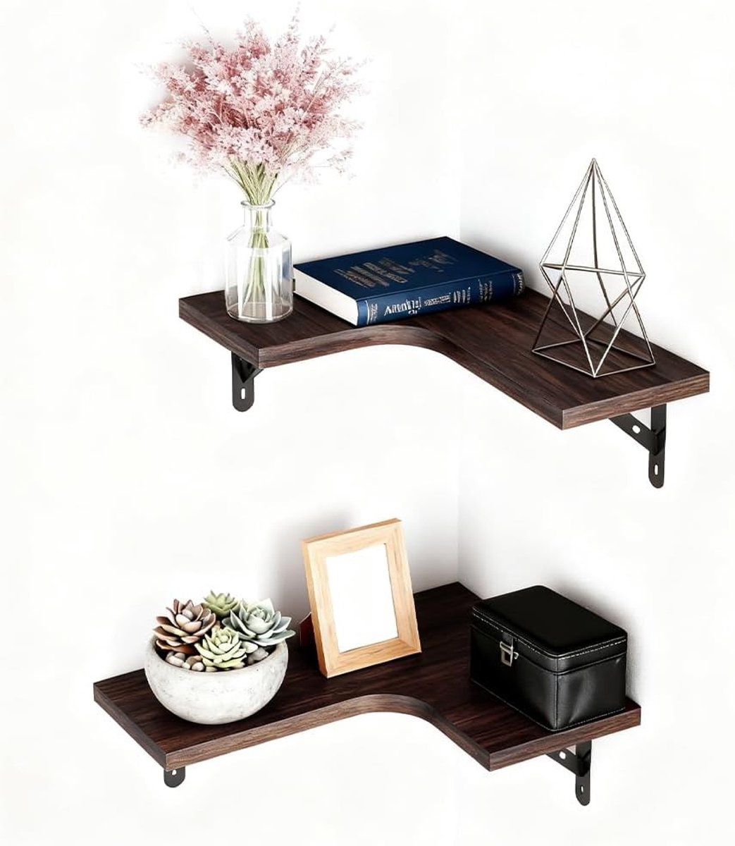 Set van 2 L-vormige wandplanken, zwevende hoekkasten voor muurdecoratie, houten opbergrekken voor woonkamer en slaapkamer