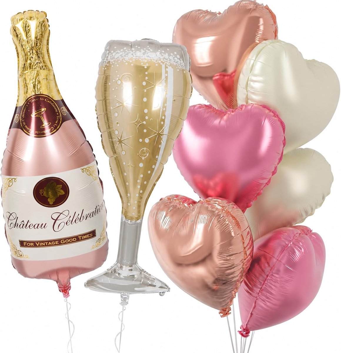 Koboko Champagnefles en champagneglas folieballonset, roségoud en crèmewit, hartballonnen, vrijgezellenfeestdecoratie - ShopVlot