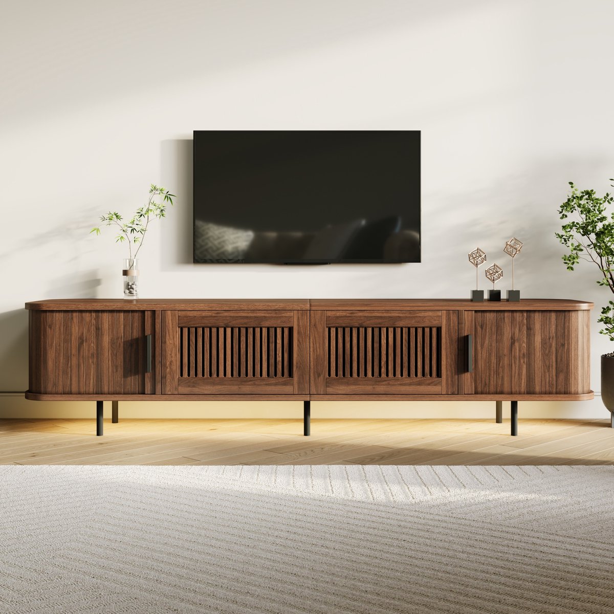 DESMIU Tv Meubel – APP Led Verlichting – Met Schuifdeuren En Lades – Voor Woonkamer – MDF En Spaanplaat – 180x40x44,5 Cm – Walnoot