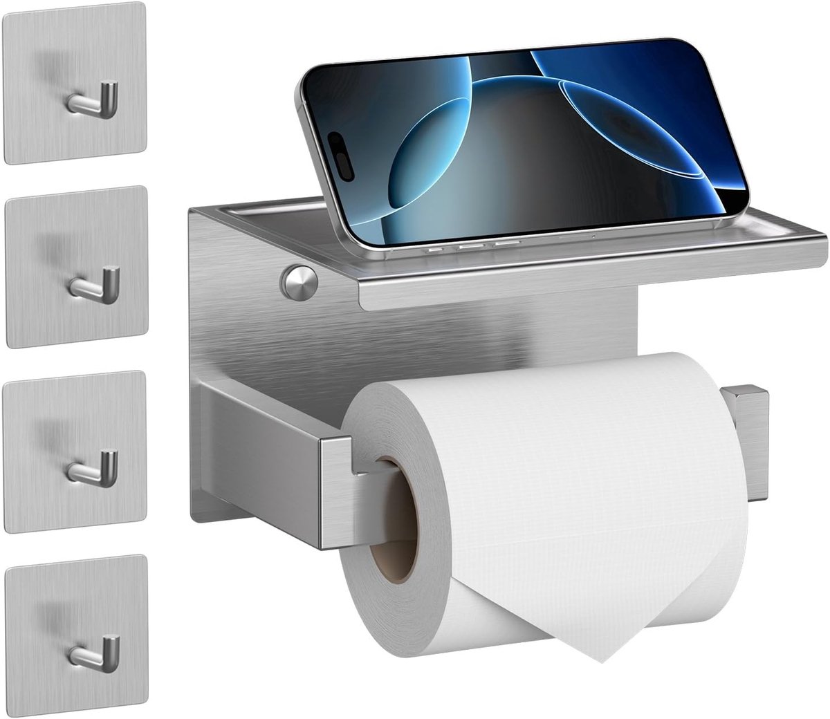 Toiletpapierhouder met Plank en 4 Hechthaken - Geen Boren, Muurbevestiging voor Badkameraccessoires