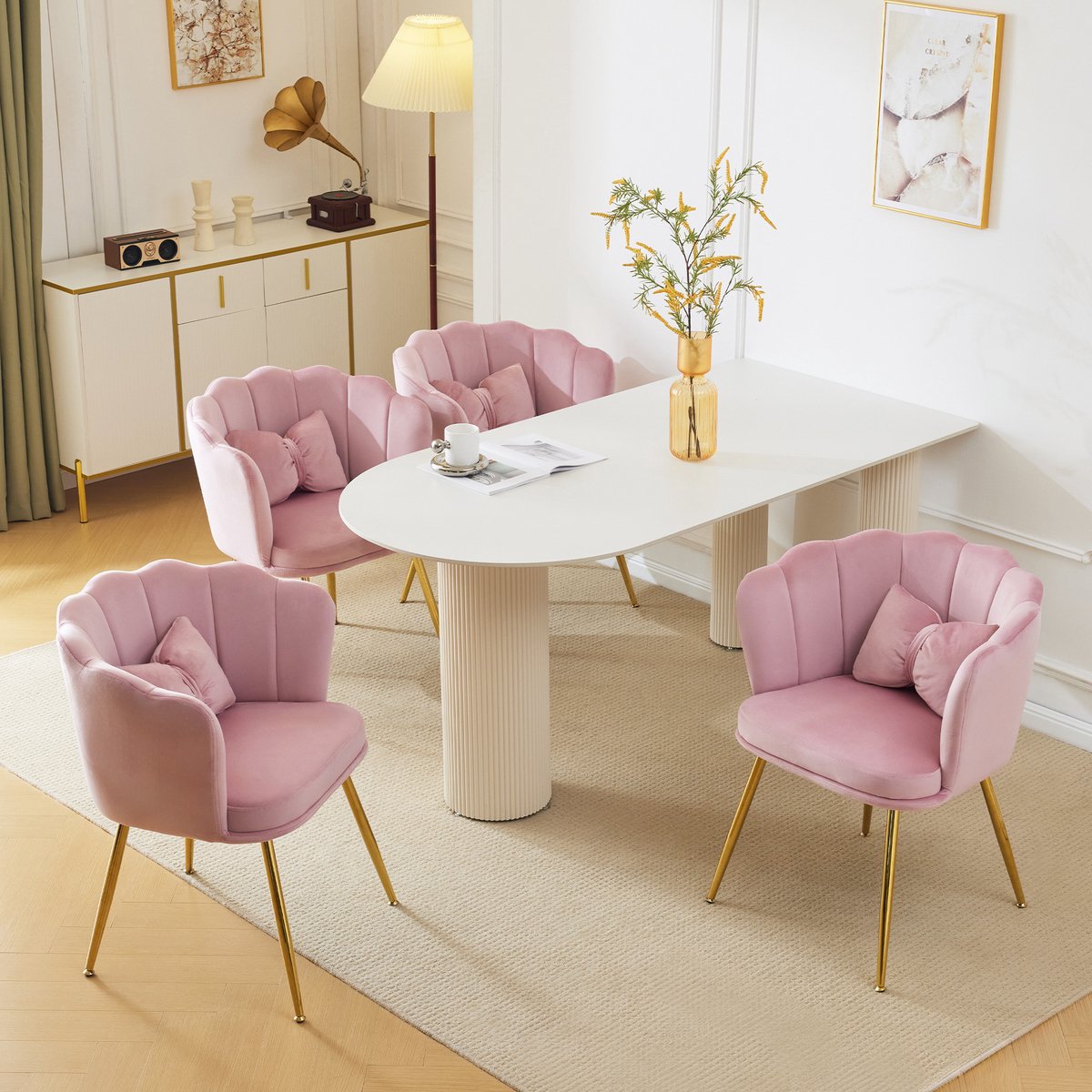 HAUSS SPOLE Eetkamerstoel - Luxe Velvet Design - Set Van 4 - Met Armleuningen, Bloemblaadjesrug En Gouden Metalen Poten - Voor Eetkamer, Woonkamer En Slaapkamer - Roze